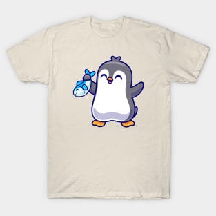 Cute Penguin Holding Fish Cartoon T-Shirt